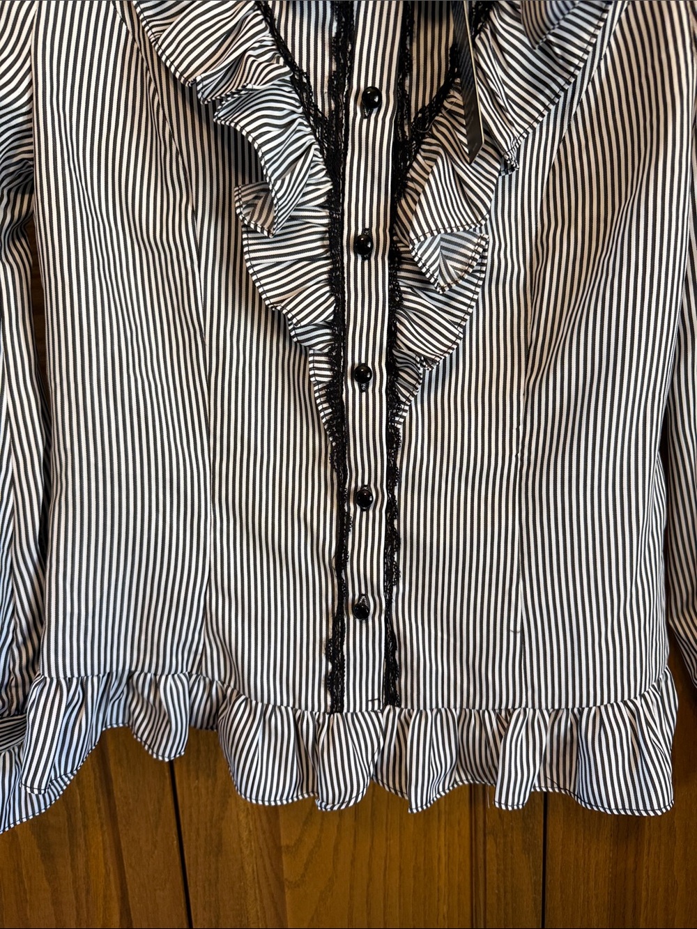 Victorian-Inspired Black & White Stripe Ruffle Button-Down Blouse- Medium-NWT - Picture 7 of 16